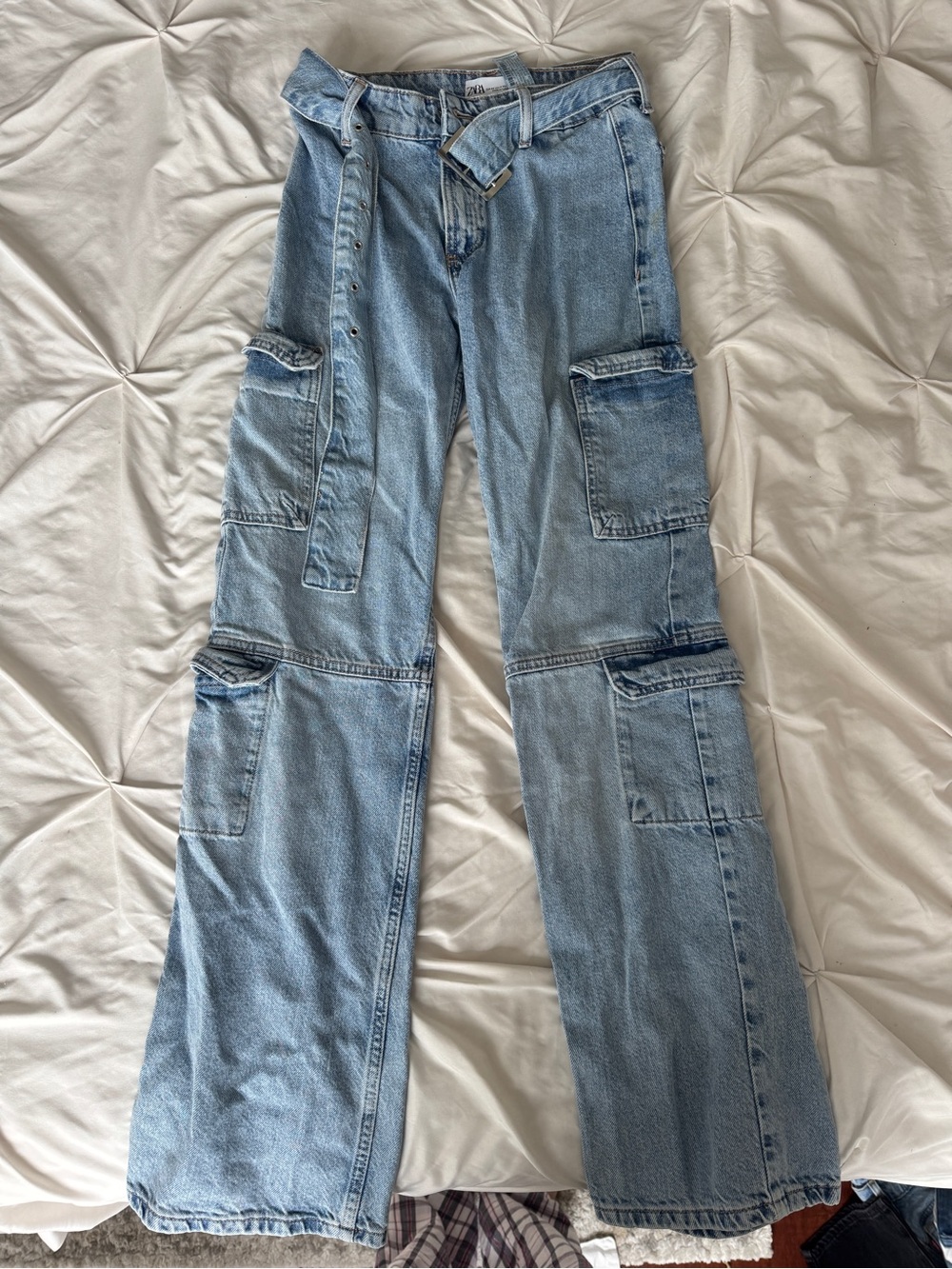 Zara Light Blue Flared Cargo Denim Jeans with Belt